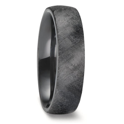 Black Zirconium wedding ring. Slight court shape and a rough, textured surface finish