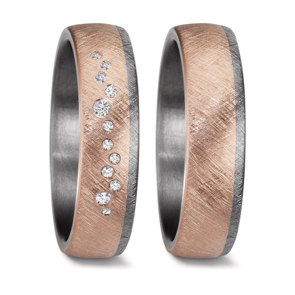 Matching wedding ring set crafted from tantalum and 14K rose gold in a unique swirl design. The men's ring features a comfort-fit band with three-quarters of the ring showcasing matte-finish rose gold, seamlessly flowing into a brushed tantalum section. The women's ring mirrors this striking design and is elegantly adorned with 12 sparkling diamonds set into the rose gold, adding a touch of brilliance to the modern contrast.