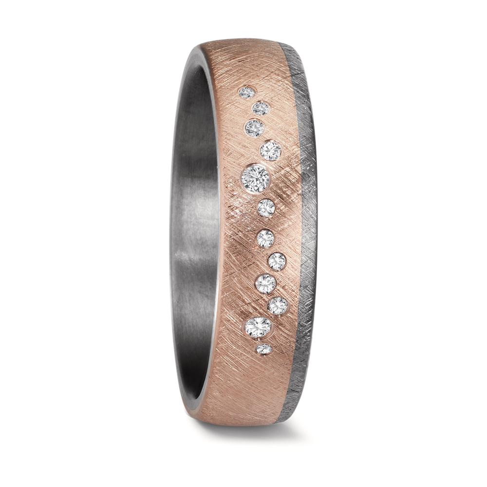 "Women's or unisex tantalum wedding ring with a comfort-fit design. The band features a striking swirl pattern, where three-quarters showcase matte-finish 14K rose gold, seamlessly blending into a brushed tantalum section. Twelve diamonds of varying sizes are set within the rose gold, creating a stunning mini-galaxy effect for a celestial-inspired look.