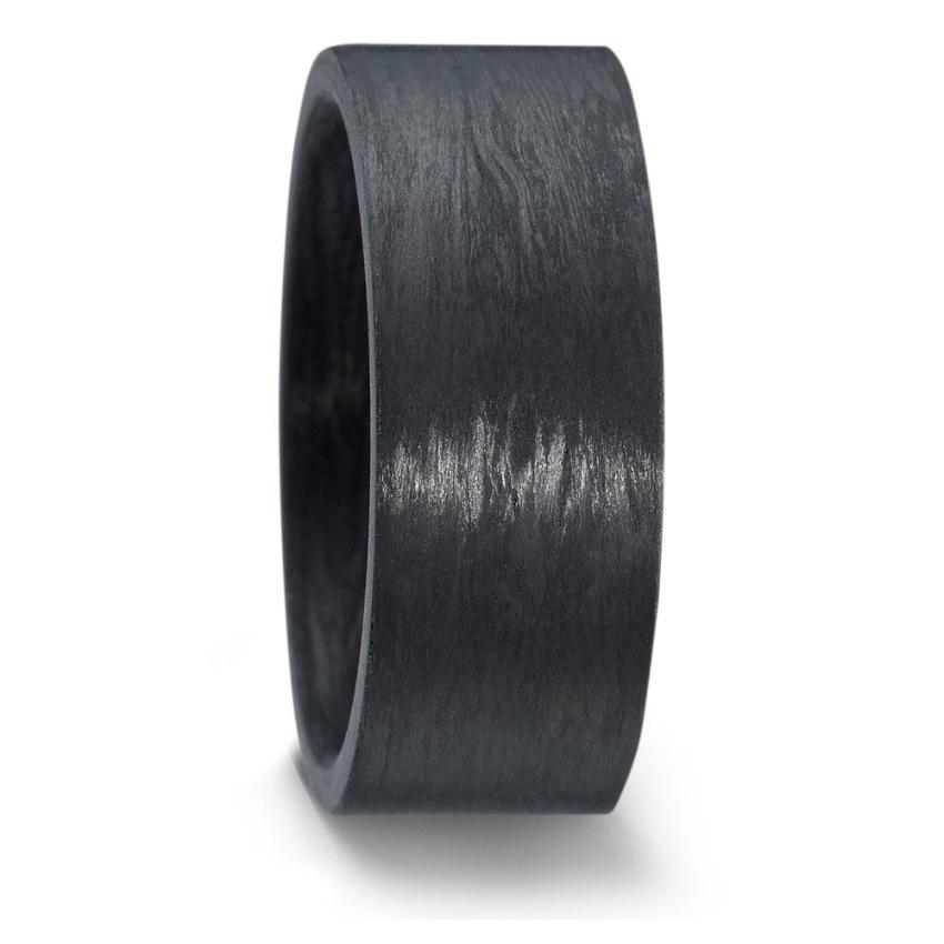 This plain Black Carbon Fibre wedding ring has a flat exterior profile, with a slightly cambered interior for a comfortable fit.  Both lightweight and durable, carbon fibre is also hypoallergenic; perfect for anyone with allergies. 