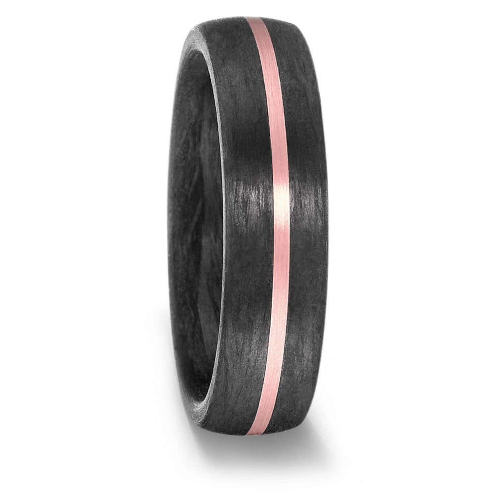 black carbon fibre wedding ring band. 6mm wide with a stripe of rose gold. black mans wedding ring uk
